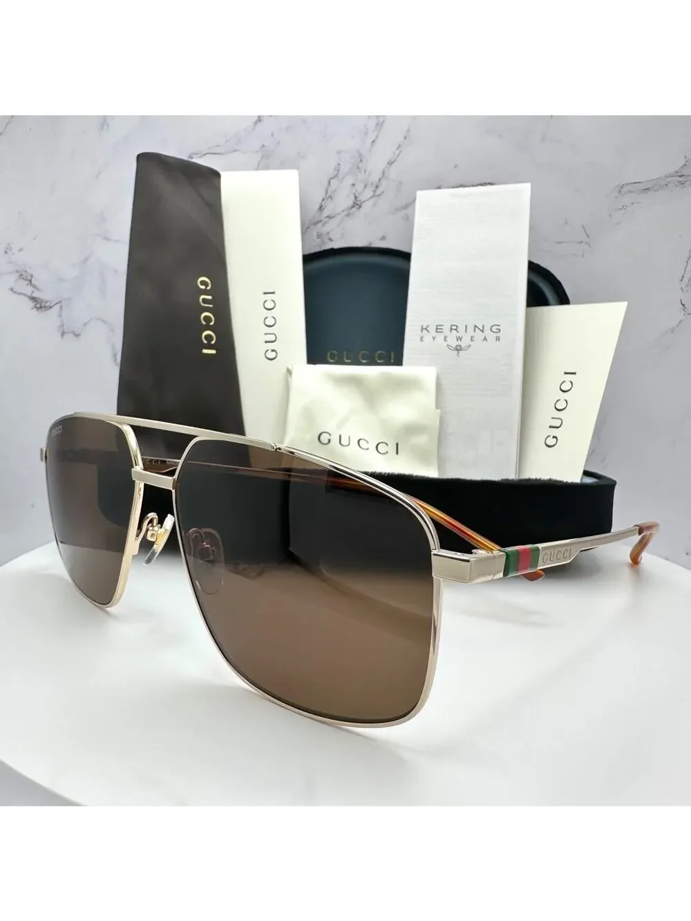 New GUCCI Sunglasses Gold Metal Square Aviator Pilot Red Green Web Logo Mens